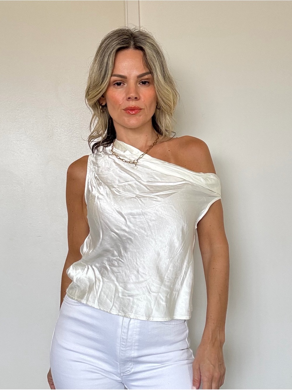 Enza Costa Enza Costa Satin Bias Off Shoulder Top in Cloud
